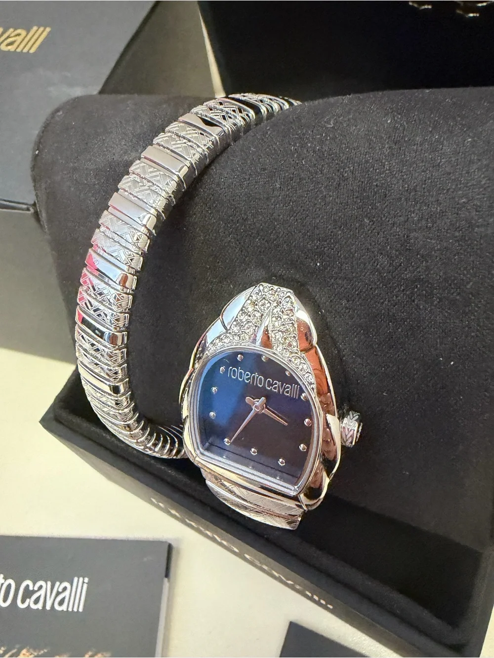 Roberto Cavalli Snake Wrap Watch Blue Dial Silver Crystal Box